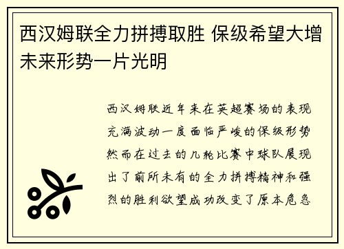 西汉姆联全力拼搏取胜 保级希望大增未来形势一片光明