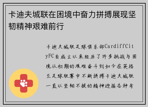 卡迪夫城联在困境中奋力拼搏展现坚韧精神艰难前行