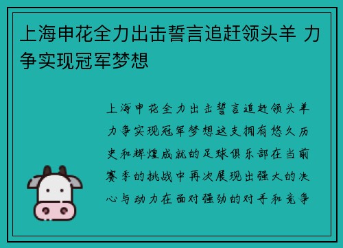 上海申花全力出击誓言追赶领头羊 力争实现冠军梦想